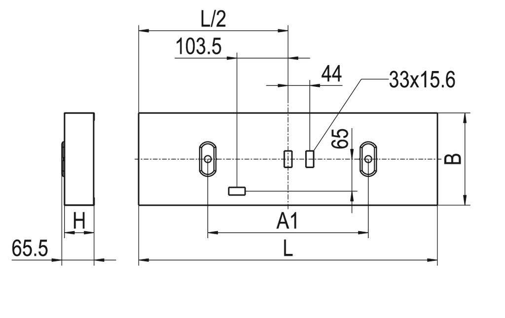 Technische Zeichnung eines rechteckigen Bauteils mit Maßen, Lochpositionen, und Achsenkennzeichnung. Maße L, B, H hervorgehoben.