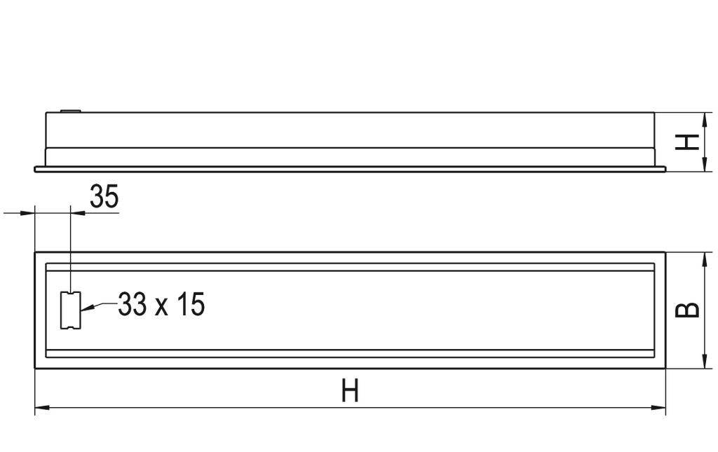 Technische Zeichnung einer rechteckigen Leuchte mit den Maßen: Länge 'H', Breite 'B', und Höhe 'H'. Nummer '33 x 15'.