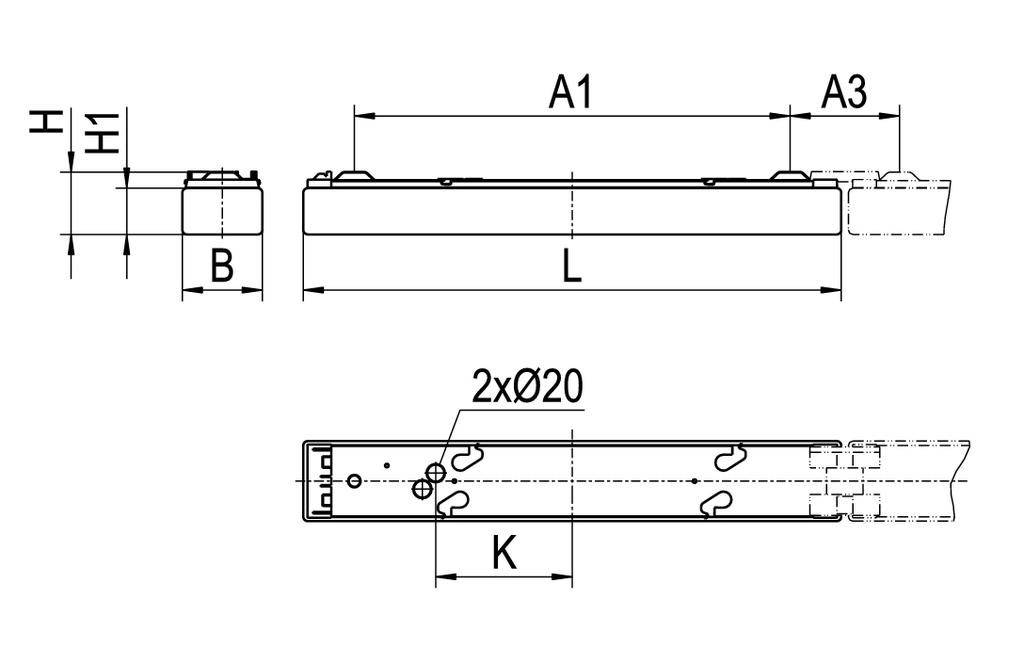 Technische Zeichnung eines rechteckigen Bauteils mit Abmessungen: A1, A3, L, B, H, 2xØ20, K. Seiten- und Draufsicht dargestellt.