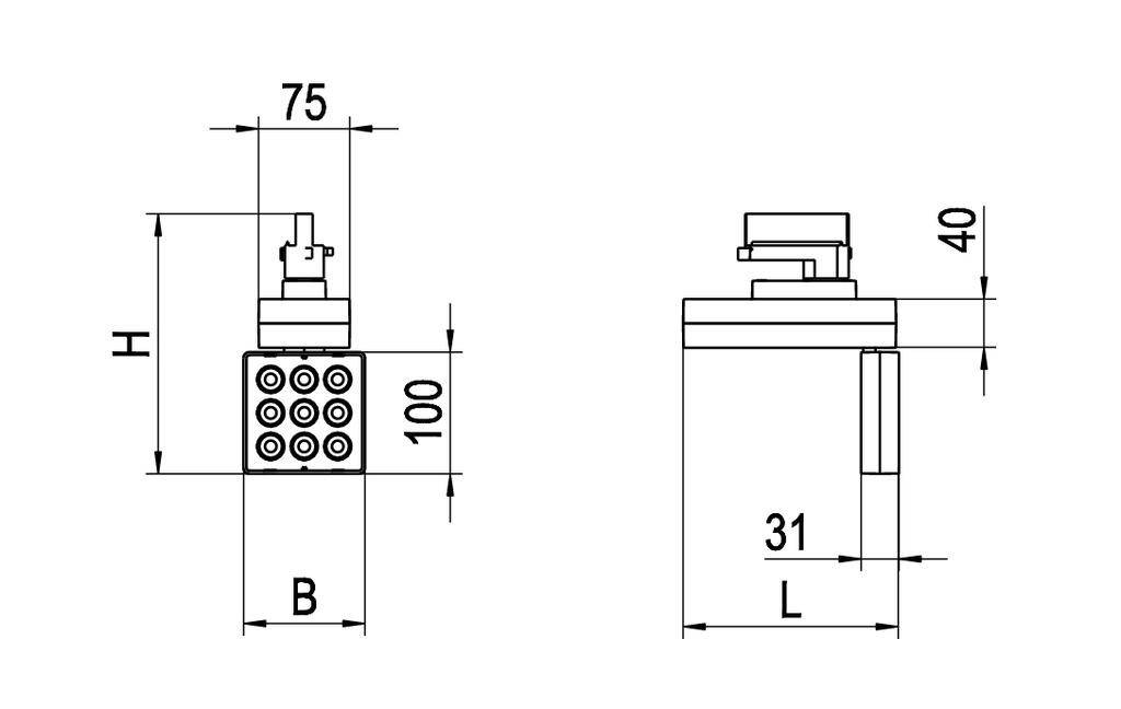 Technische Zeichnung eines Duschkopfes mit Maßangaben: Breite (B), Höhe (H), Länge (L), und Distanzangabe 75, 100, 31, 40 mm.