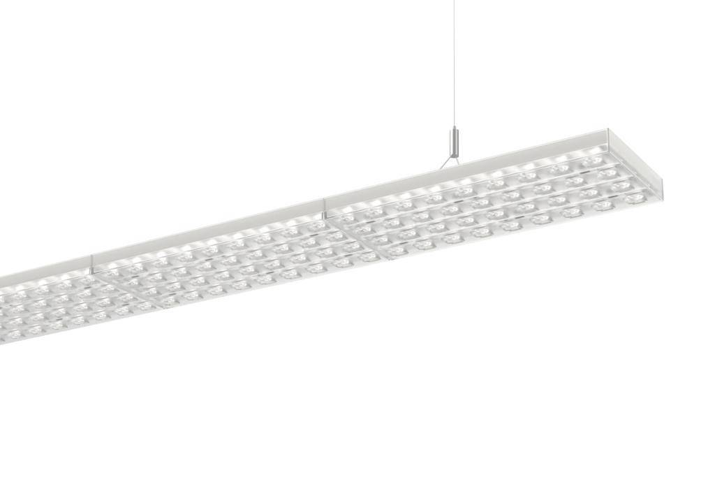 Eine moderne, längliche LED-Deckenleuchte in Silber, aufgehängt an einem dünnen Kabel, geeignet für Büros oder Wohnräume.