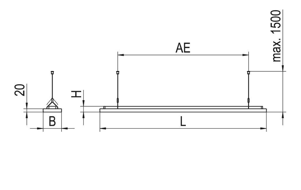 Technische Zeichnung eines rechteckigen Elements mit Maßen: Breite 'B', Höhe 'H', Länge 'L', Aufhängung 'AE', maximale Höhe 1500.