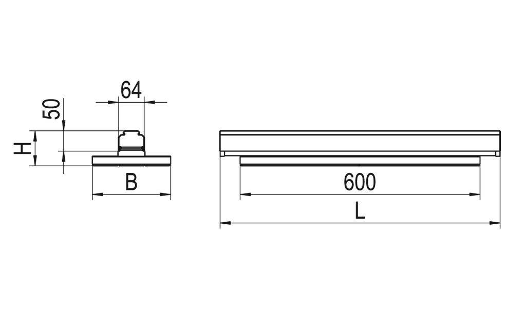 Technische Zeichnung einer rechteckigen Vorrichtung mit Maßen: Höhe (H) verstellbar, Breite (B), und Länge (L) ist 600 mm.