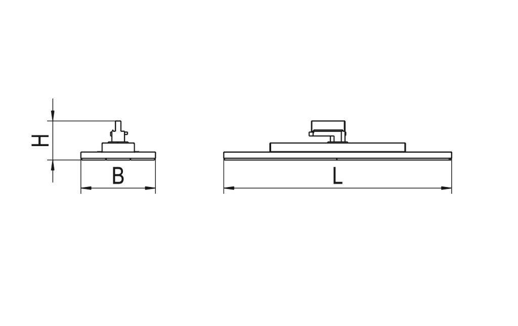 Technische Zeichnung eines rechteckigen Bauteils mit den Abmessungen Breite (B), Länge (L) und Höhe (H), inkl. seitlicher Ansicht.