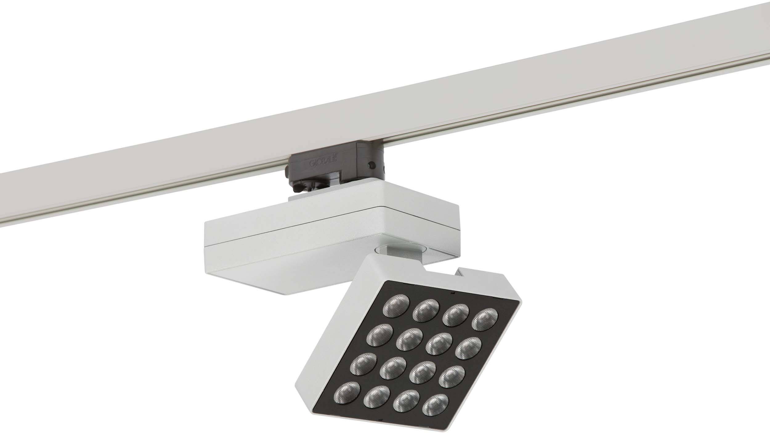 Weißer LED-Strahler an einer Schiene montiert, bestehend aus 16 quadratisch angeordneten Leuchten, geeignet für Innenraumbeleuchtung.