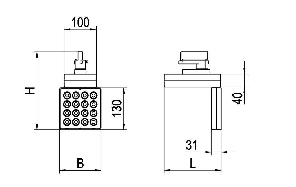 Technische Zeichnung eines quadratischen Duschkopfs mit Maßen: Höhe 130 mm, Breite 100 mm, Tiefe 31 mm. Zeigt Düsenanordnung.