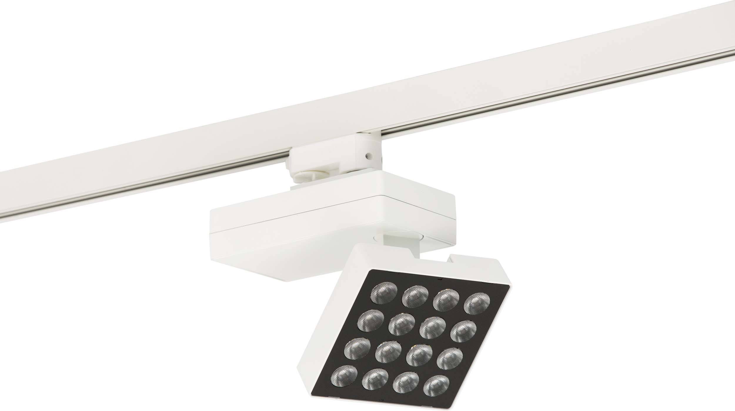 LED-Deckenleuchte mit rechteckigem Gehäuse an einer Schiene montiert, umfasst 16 runde Leuchtmittel.