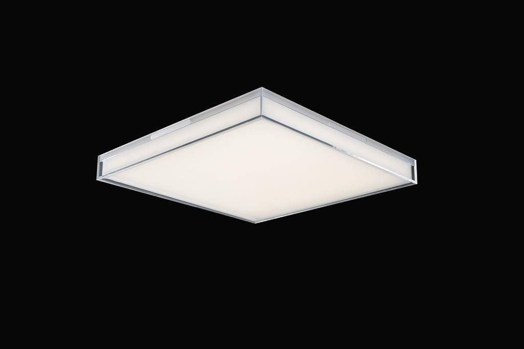 Quadratische Deckenleuchte mit weißem Licht vor schwarzem Hintergrund. Modernes, minimalistisches Design.