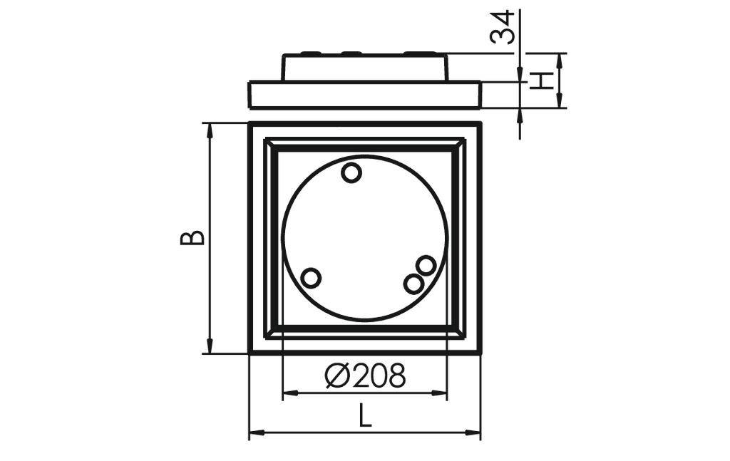 Technische Zeichnung eines quadratischen Objekts mit Kreis in der Mitte; Maße: Höhe 34 mm, Durchmesser des Kreises 208 mm.