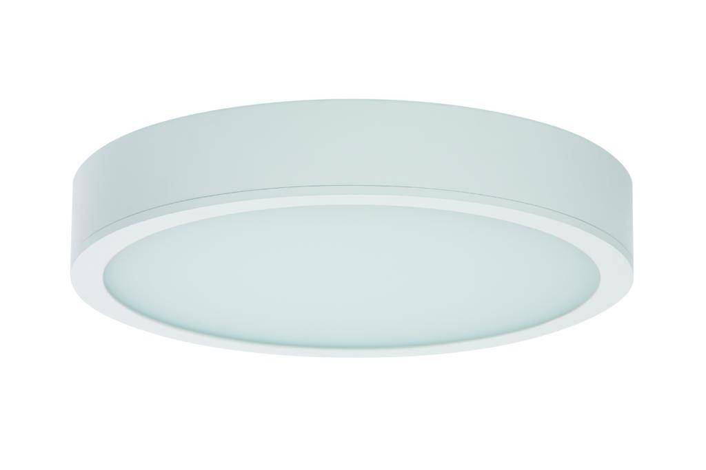 Weiße runde LED-Deckenleuchte mit schlichtem Design. Geeignet zur direkten Deckenmontage in Wohn- oder Arbeitsbereichen.