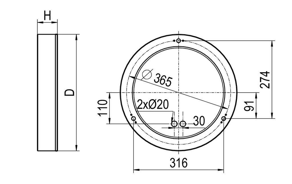 Konstruktionszeichnung eines runden Objekts mit Durchmesser 316 mm. Seitlicher Querschnitt zeigt Höhe 'H', Vorderansicht zeigt Bohrungen und Maße.
