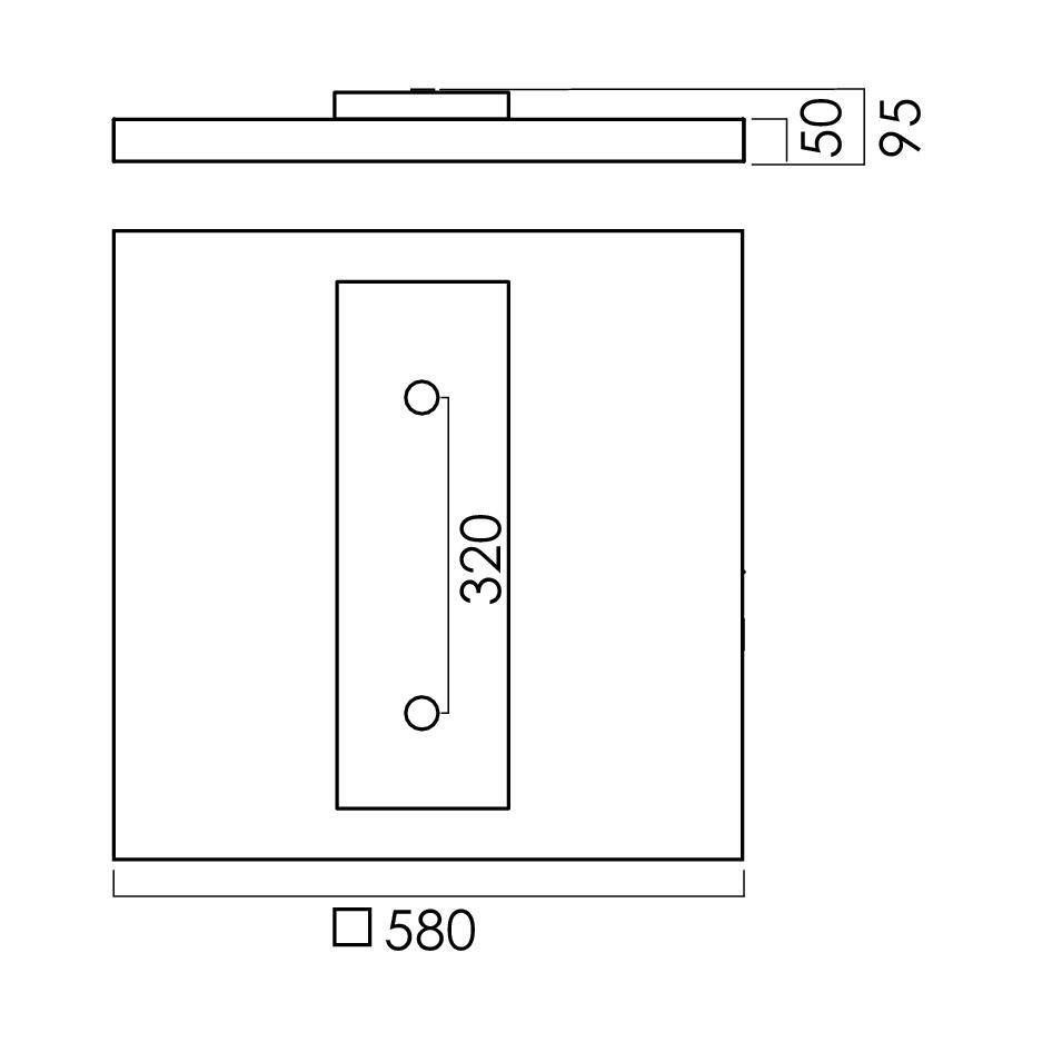 Zeichnung eines quadratischen Objekts von 580 mm. Seitenansicht zeigt Breite von 95 mm. Zwei Bohrlöcher in der Mitte markiert.