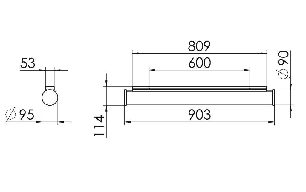 Technische Zeichnung einer rechteckigen Leuchte mit Maßen: Breite 903 mm, Höhe 114 mm, Tiefe 53 mm, Röhre Ø 95 mm.