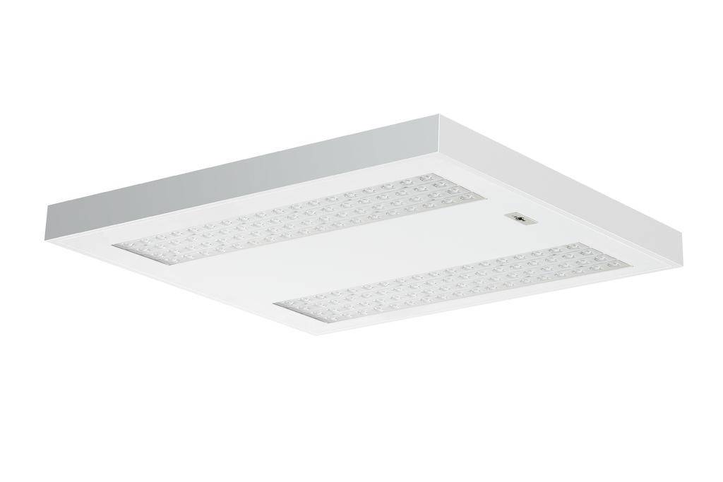 Eine quadratische LED-Deckenleuchte in Weiß, geeignet für gewerbliche oder private Innenräume, mit zwei Reihen von LED-Lampen.