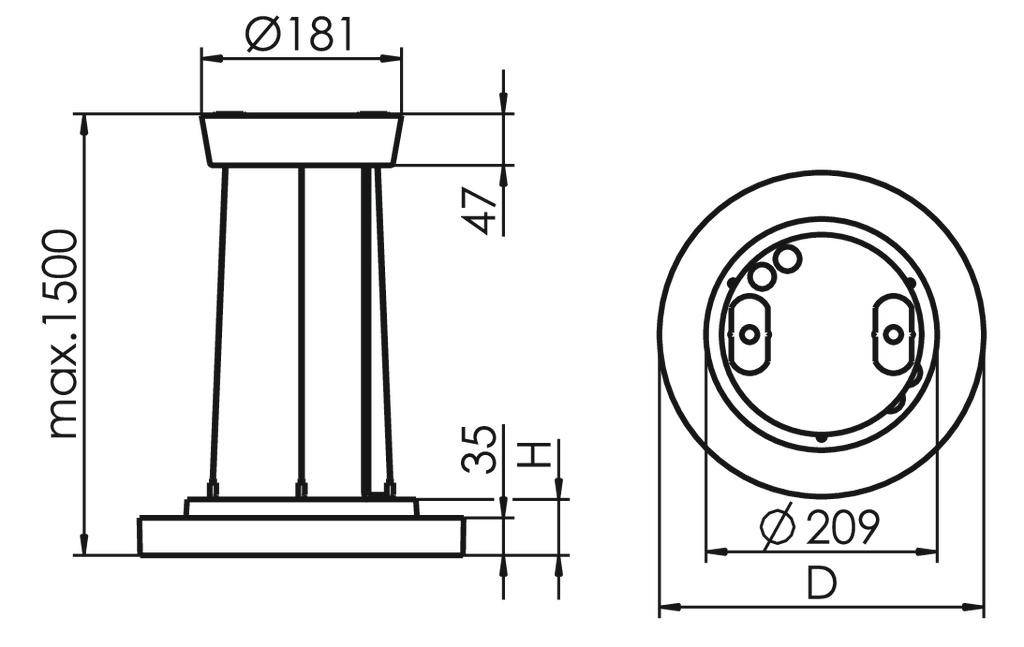 Technische Zeichnung einer zylindrischen Säule mit maximaler Höhe von 1500 mm. Durchmesser oben 181 mm, Basisdurchmesser 209 mm.