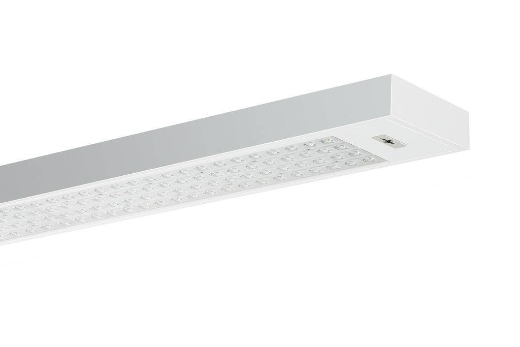 Lang gestreckte, rechteckige LED-Leuchte mit modernem Design. Weißes Gehäuse und sichtbare, klare Linsen für gleichmäßige Lichtverteilung.