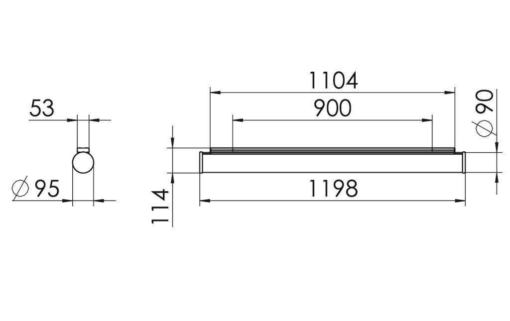 Technische Zeichnung eines rechteckigen Objekts mit den Maßen 1198 x 114 mm und einem zentralen Durchmesser von 95 mm.
