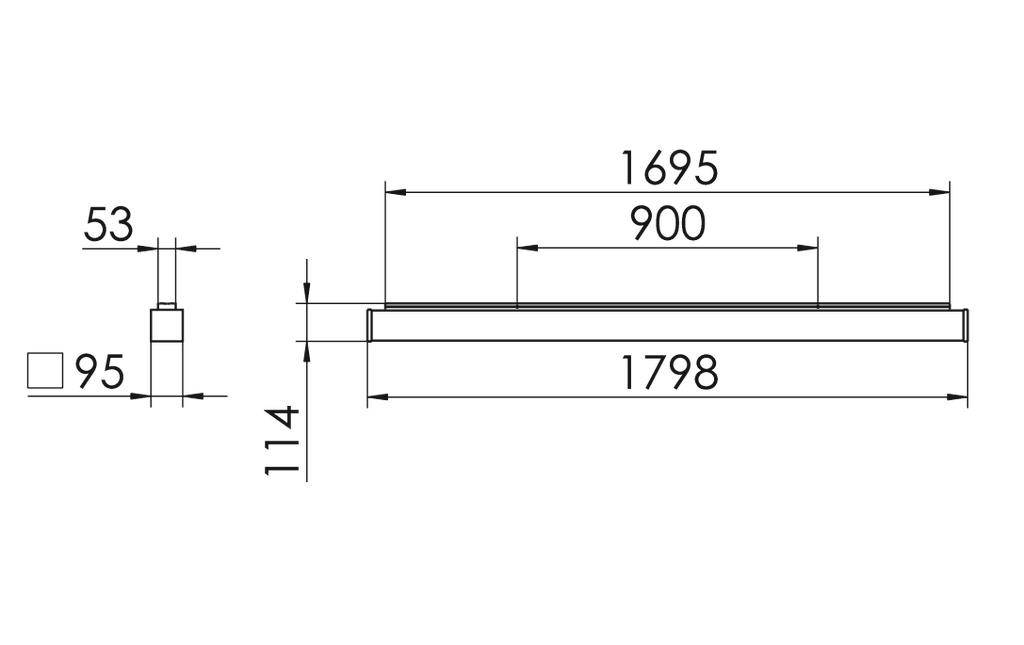Technische Zeichnung einer rechteckigen Platte mit den Maßen: Breite 1798 mm, Tiefe 53 mm, Hauptabstand 1695 mm, Tiefe 114 mm.