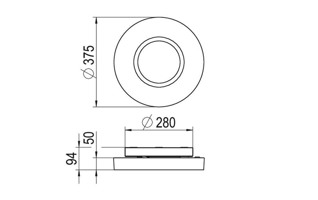 Technische Zeichnung eines runden Objekts, obere Ansicht zeigt Durchmesser 375 mm, seitliche Ansicht Durchmesser 280 mm, Höhe 94 mm.