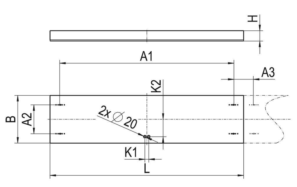 Technische Zeichnung eines rechteckigen Bauteils mit Maßen: A1, A2, A3, B, H, L, Winkel von 2x Ø20, K1, K2. Maßlinien und Beschriftungen.