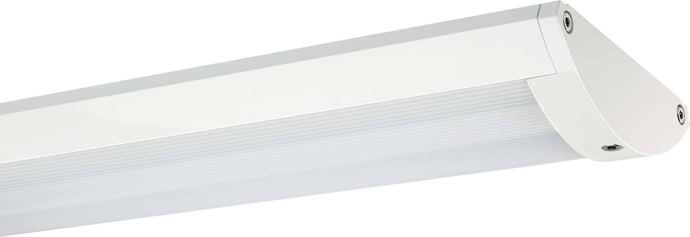 Weiße, rechteckige LED-Leuchte mit abgerundeten Ecken, an der Decke montiert, zur Beleuchtung von Innenräumen.