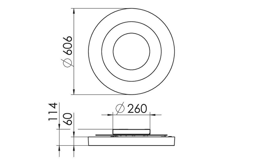 Technische Zeichnung eines runden Objekts mit einem Außendurchmesser von 606 mm und einem Innendurchmesser von 260 mm, Seitenansicht zeigt eine Höhe von 114 mm.