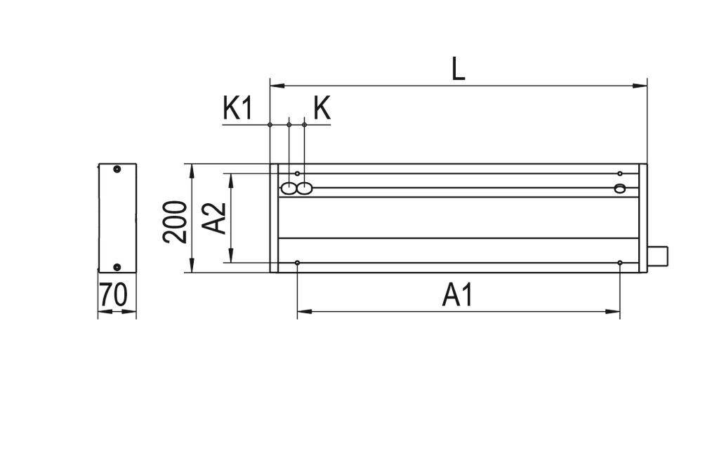 Technische Zeichnung eines rechteckigen Metallprofils mit Bemaßungen: Höhe 70 mm, Breite 200 mm, Länge 'L', weitere Maße 'A1', 'A2', 'K', 'K1'.