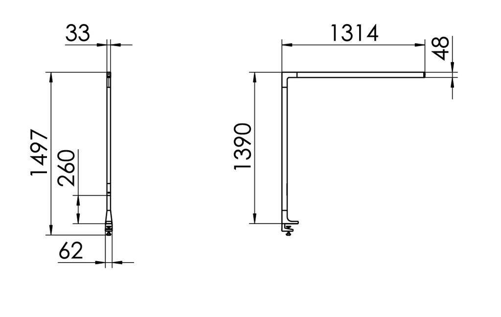 Technische Zeichnung eines Möbels mit Seiten- und Frontansicht. Maße betragen 1497 mm Höhe, 1314 mm Breite, 62 mm Tiefe.