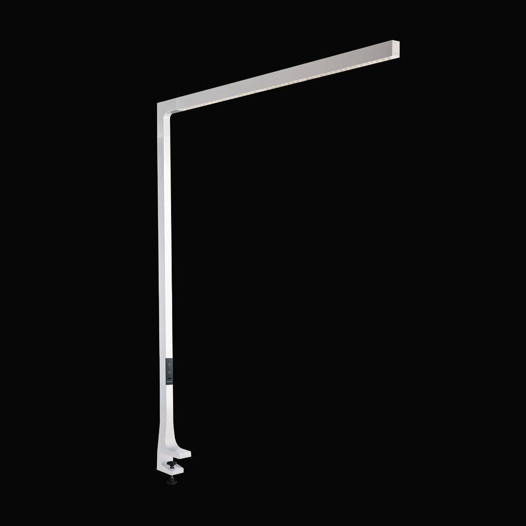 Eine moderne, schlanke LED-Schreibtischlampe mit rechteckigem Lichtbalken auf schwarzem Hintergrund. Ideal für minimalistisches Design.