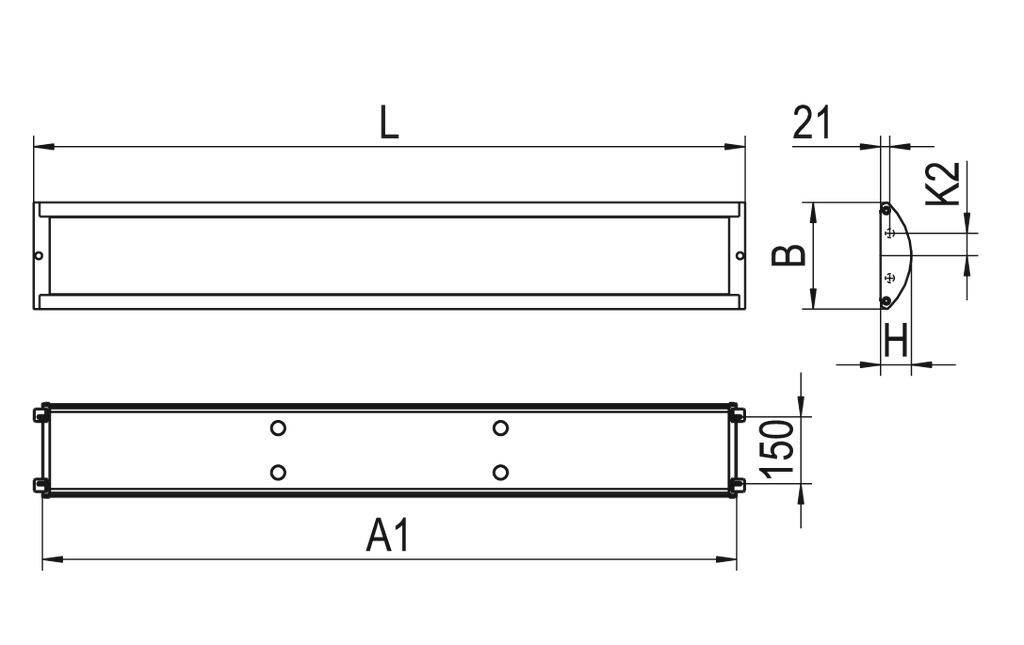 Technische Zeichnung eines rechteckigen Bauteils mit Bemaßungen: Länge 'L', Breite 'B', Höhe 'H', Höhe 'A1' 150, Seitenansicht links '21', rechts 'K2'.