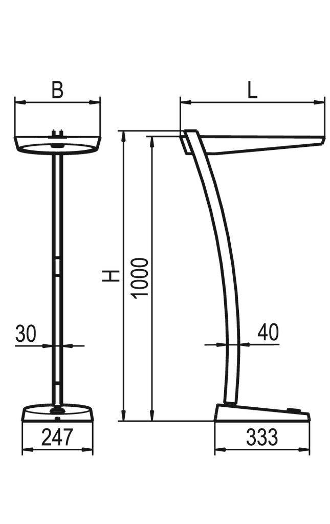 Technische Zeichnung einer Stehlampe mit Abmessungen: Gesamthöhe 1000 mm, Sockeldurchmesser 247 mm, Gesamtlänge 333 mm.