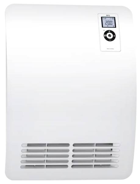 Ein weißer elektrischer Raumheizer mit digitalem Display zeigt '20,0 °C'. Unten sind Lüftungsschlitze für die Wärmeabgabe.