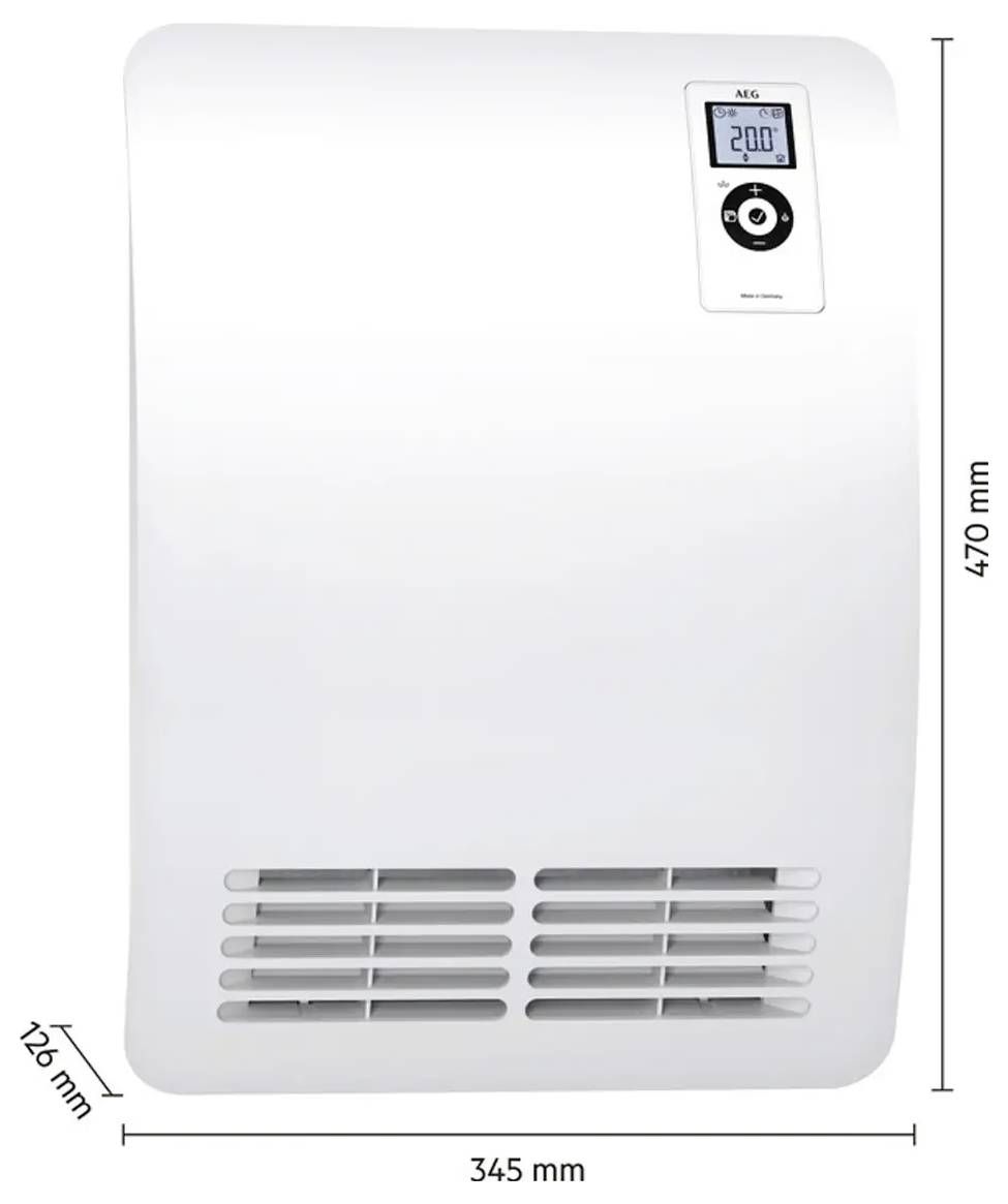 Wandmontierter elektrischer Heizer in Weiß, auf einem kleinen Display die Temperatur '20°C' anzeigend, mit Abmessungen von 470 mm x 345 mm x 126 mm.