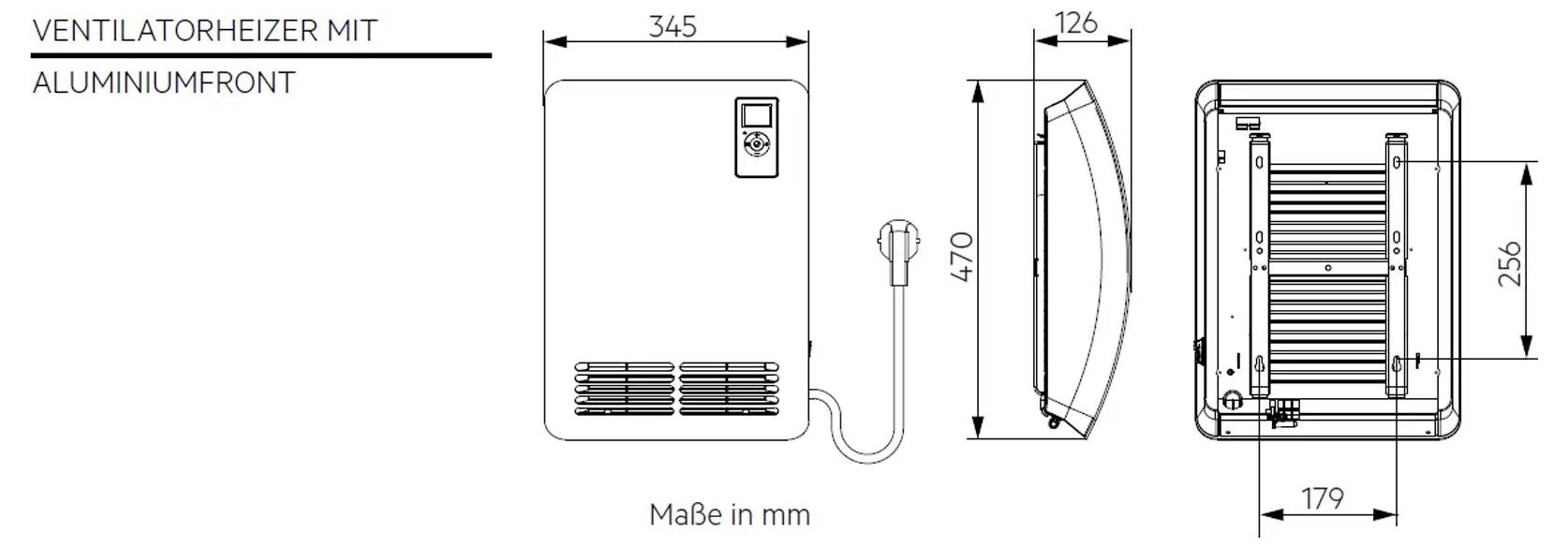 'Ventilatorheizer mit Aluminiumfront', technische Zeichnung in mm. Links: Vorderansicht, mittig: Seitenansicht, rechts: Rückansicht. Maße: 345x470x126 mm.
