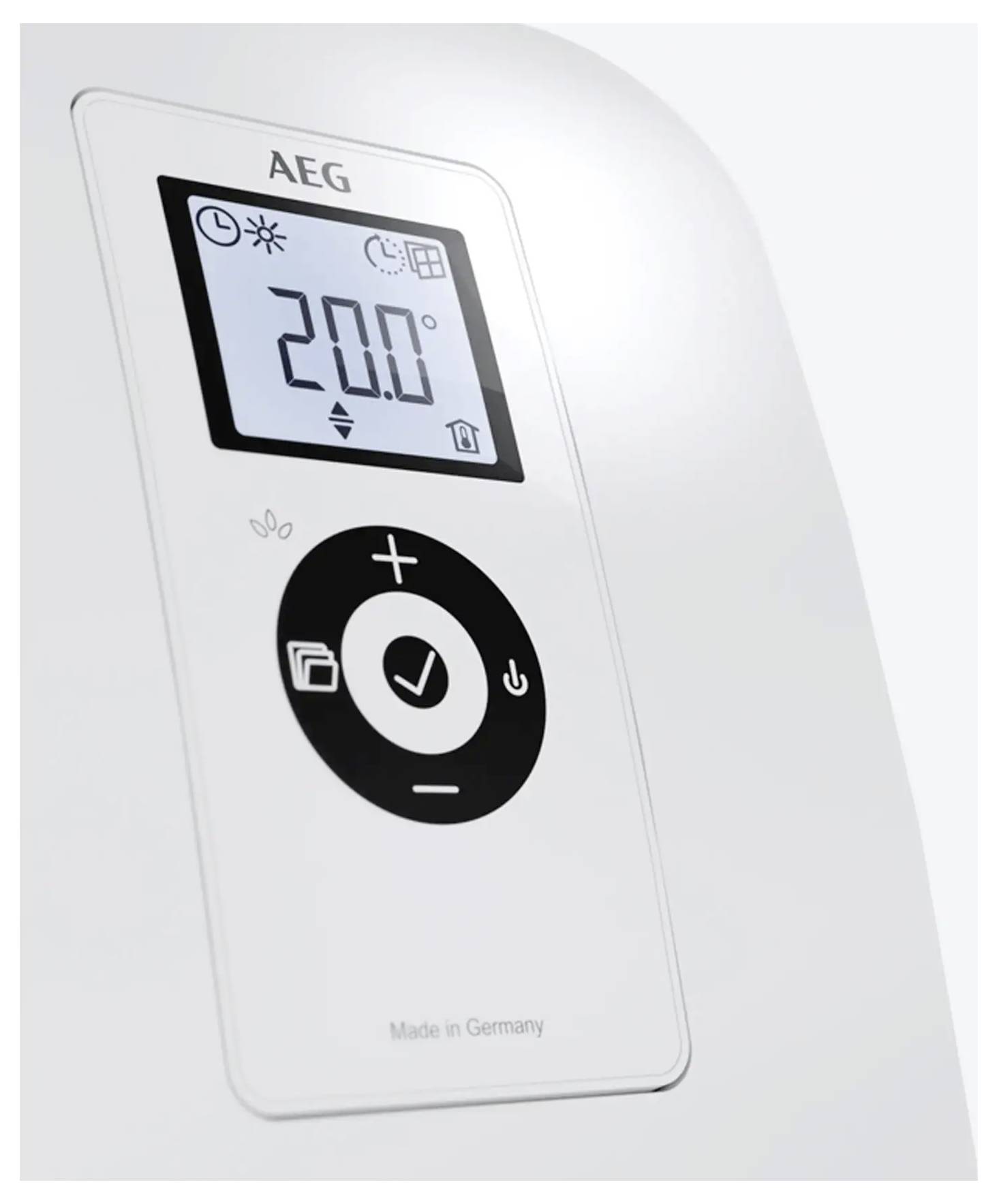 Digitales Thermostat zeigt '20,0' Grad an, mit Heiz- und Kühlsymbolen, Einstellungsreglern, beschriftet mit 'AEG', 'Made in Germany'.