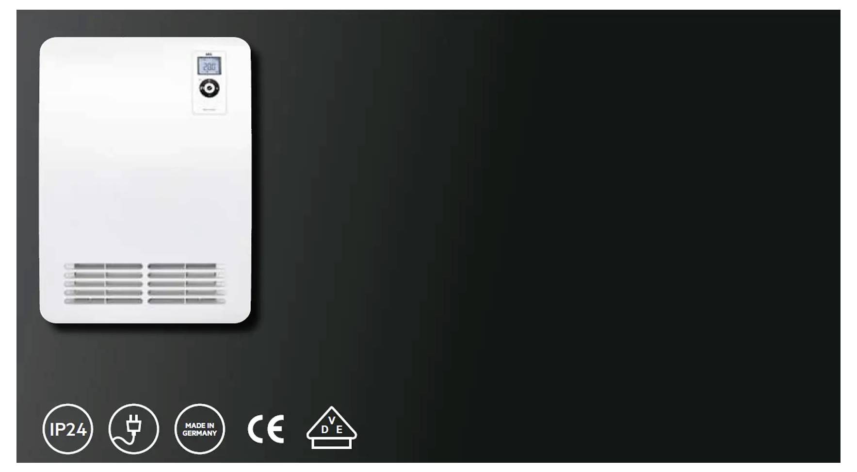 Elektrischer Durchlauferhitzer an einer schwarzen Wand montiert. Links unten Symbole: IP24, Stecker, Made in Germany, CE, Dreieck mit 'D E'.