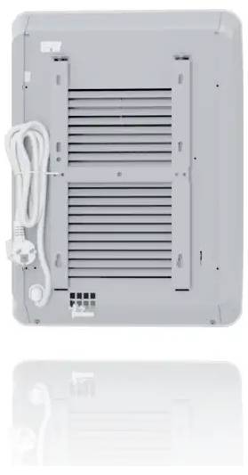 Ein grauer wandmontierter Heizer von hinten betrachtet, zeigt zwei Luftauslässe und ein aufgerolltes Stromkabel auf der Seite.