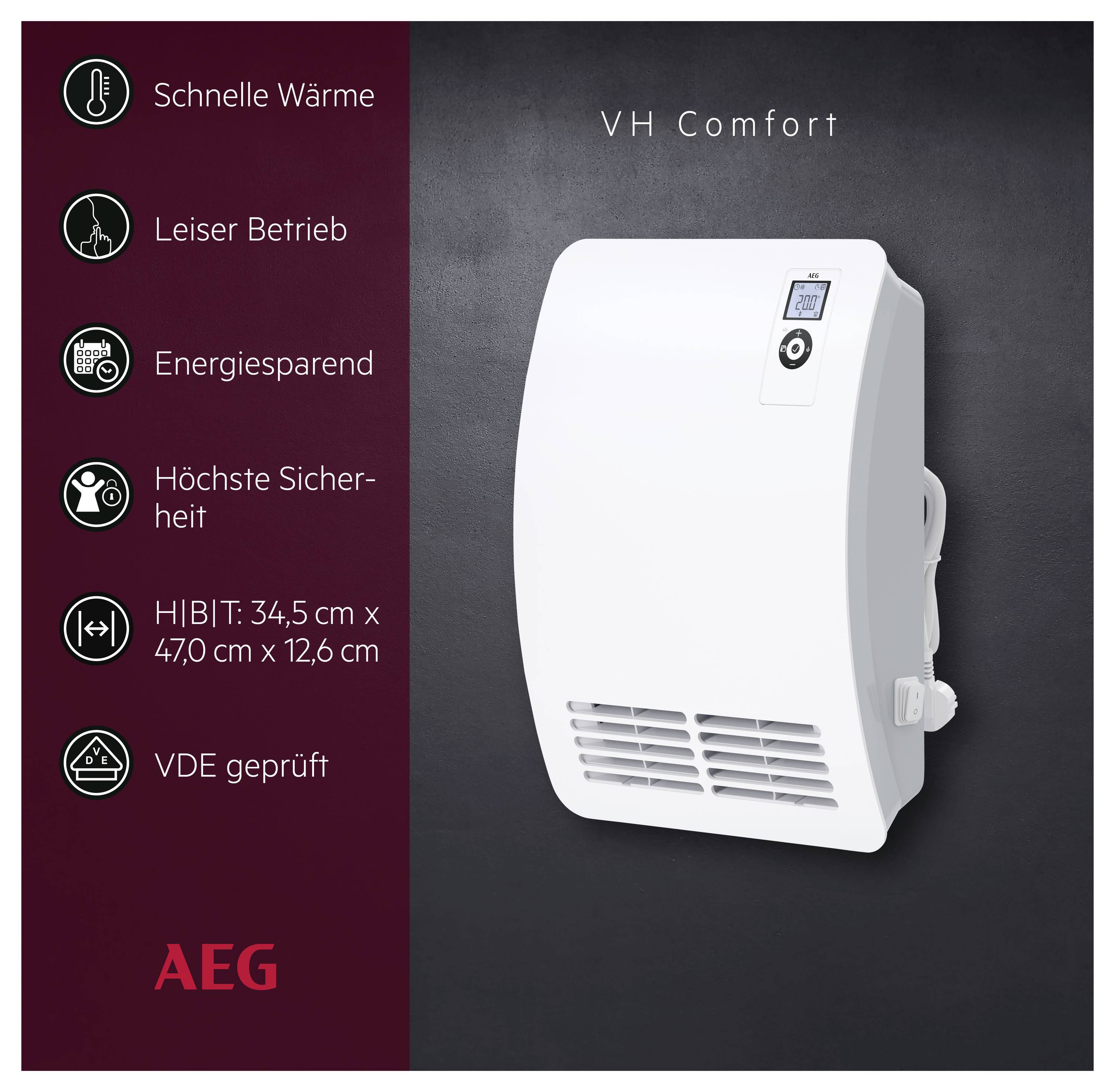 AEG VH Comfort Wandheizer mit aufgelisteten Merkmalen: schnelle Wärmeleistung, leiser Betrieb, Energiesparen, hohe Sicherheit, Größe 34,5 x 47,0 x 12,6 cm, VDE-geprüft.
