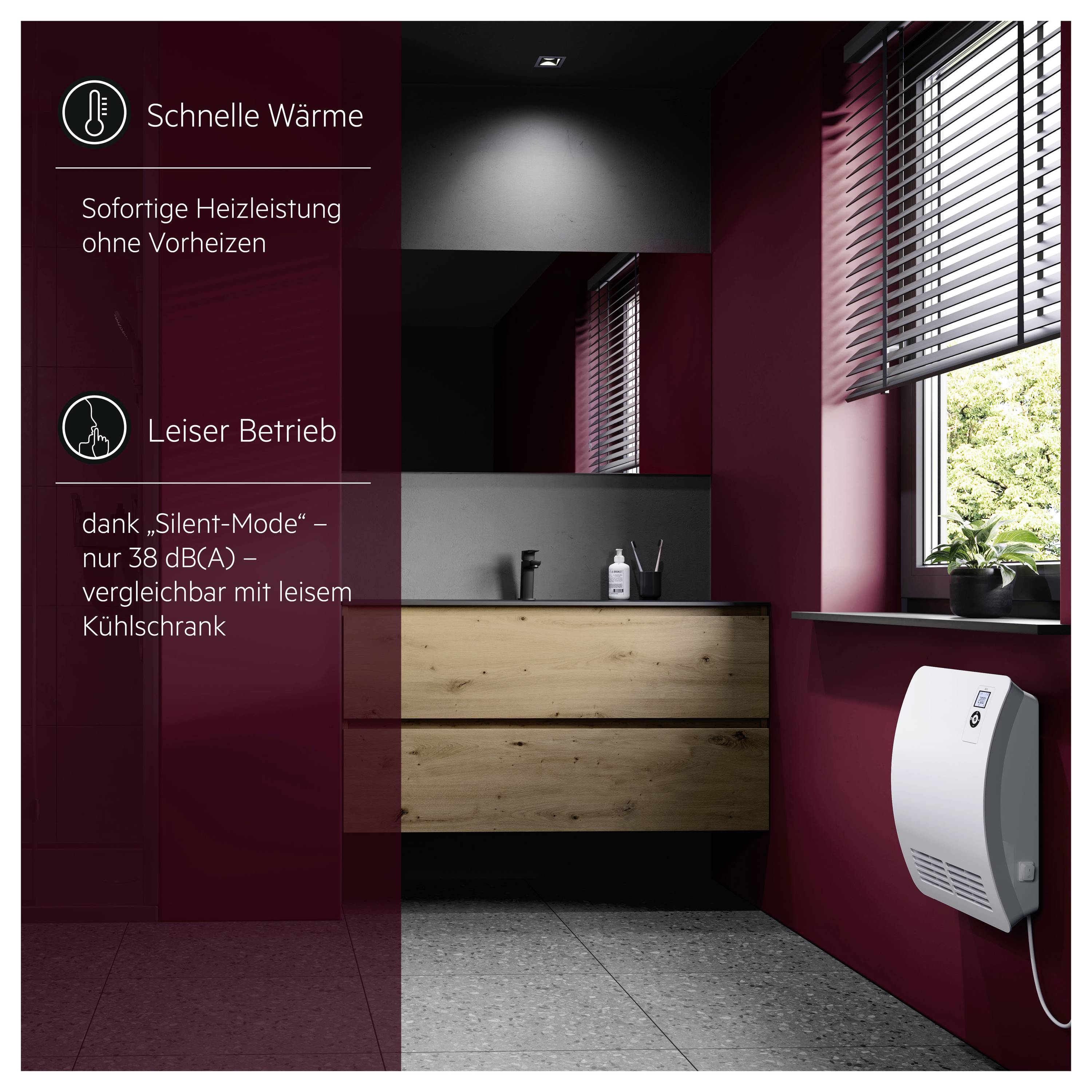 Badezimmerausstattung mit einem wandmontierten weißen Heizgerät; deutscher Text hebt 