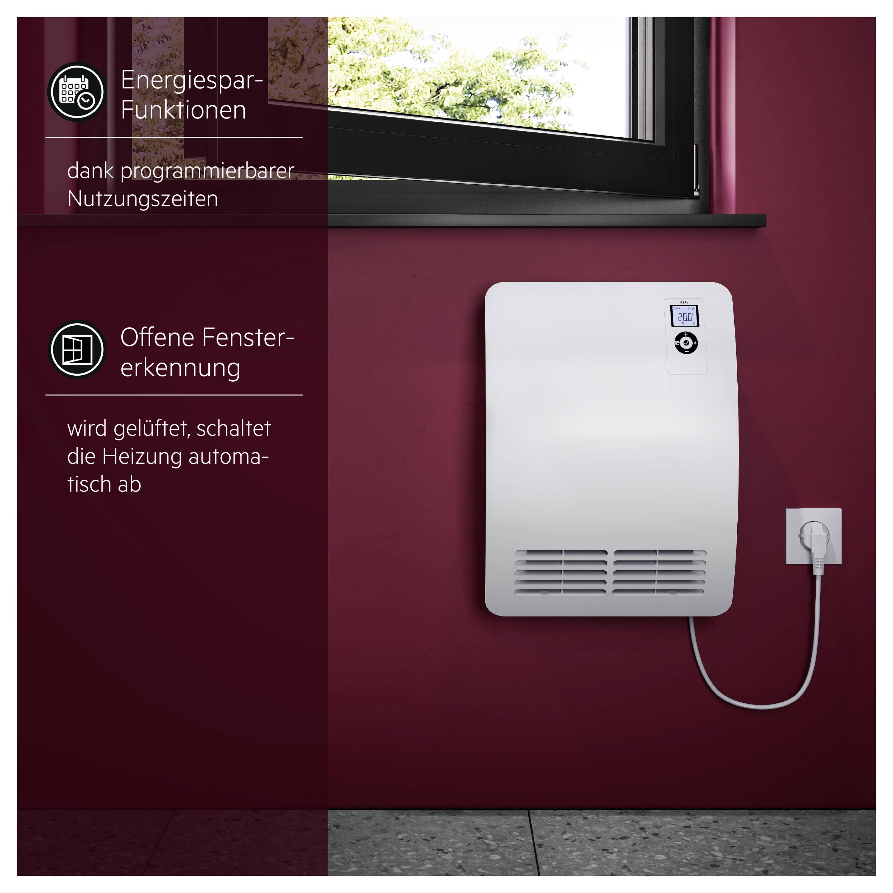 Wandmontierter Elektroheizer mit Display und Kabel; Text hebt energiesparende programmierbare Zeiten und die Erkennung offener Fenster hervor, die die Heizung beim Lüften ausschaltet.