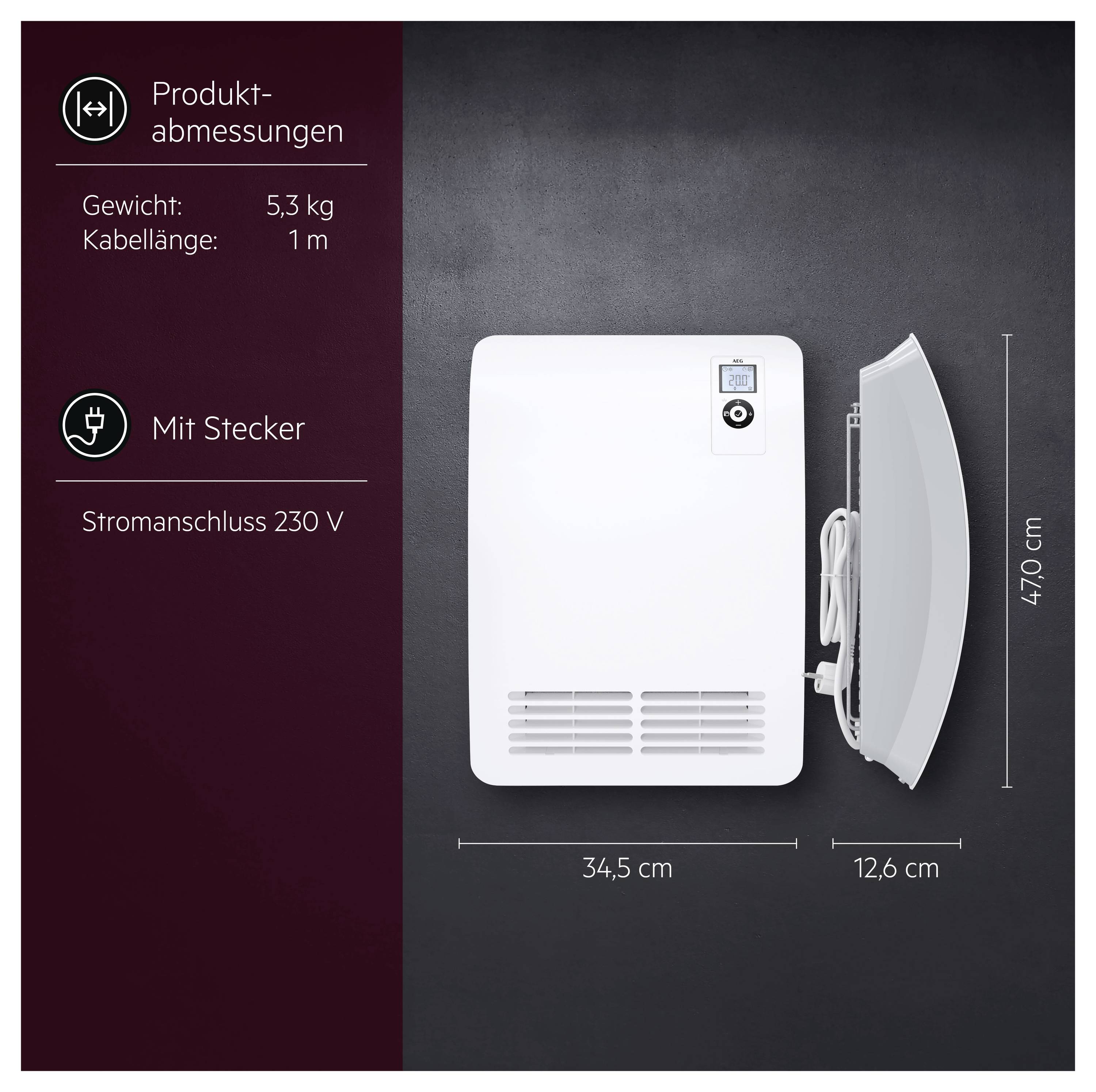 Produktabmessungen Grafik für ein Steckergerät: 34,5 cm breit, 47,0 cm hoch, 12,6 cm tief; Gewicht 5,3 kg, Kabellänge 1 m, 230 V Stromversorgung.