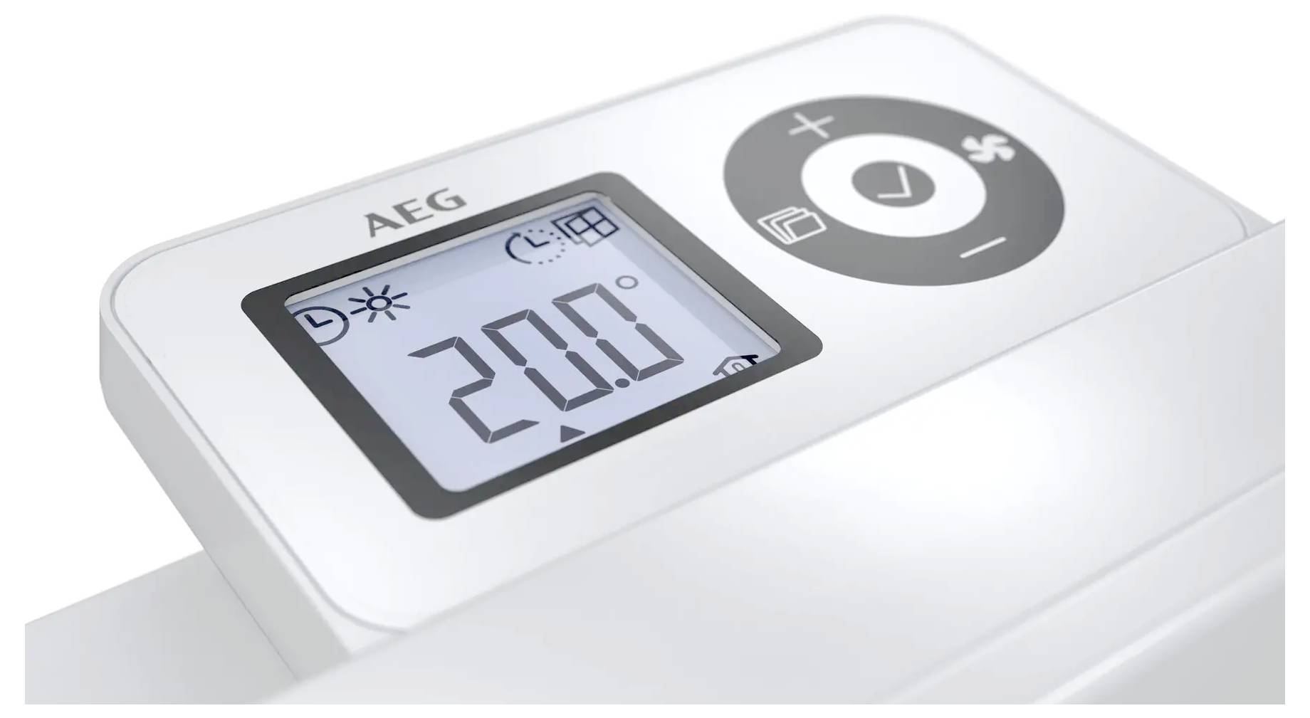 AEG-Bedienfeld mit auf 20,0 Grad Celsius eingestellter Temperatur, mit Symbolen für Lüfter und Einstellungen, auf weißem Hintergrund.