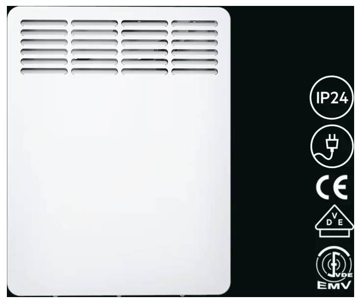 Ein weißer Heizlüfter mit Lüftungsschlitzen oben. Rechts sind Zertifikatslogos: IP24, Stromstecker, CE, VDE, EMV.