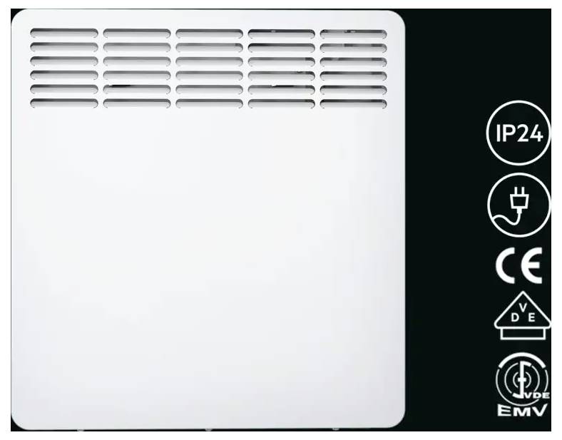 Weiße Heizung mit Lüftungsschlitzen oben. Rechts befinden sich die Symbole IP24, CE, Stecker, VDE und EMV.