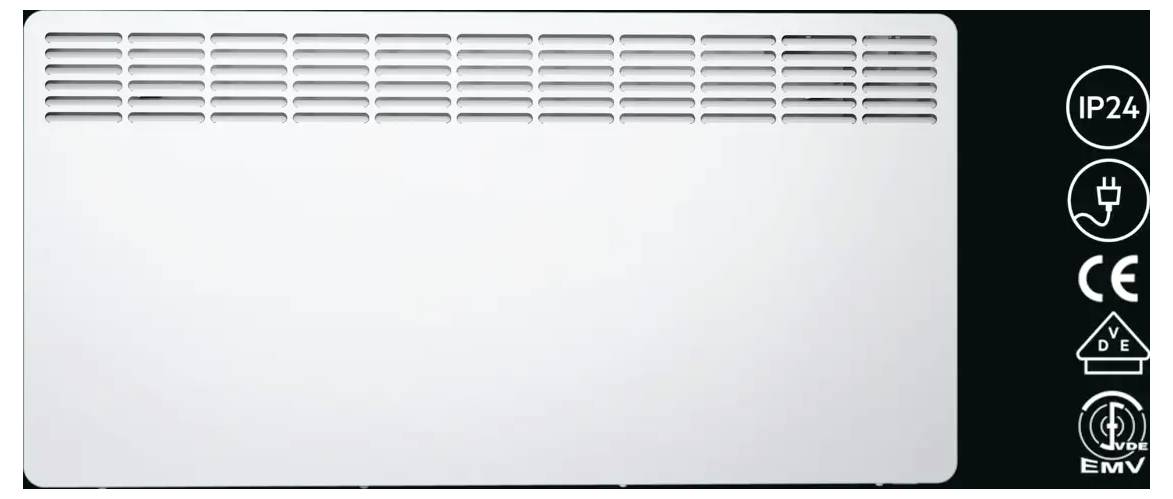 Ein weißer Elektroheizkörper mit Lüftungsschlitzen oben. Rechtsseitig Symbole: 'IP24', Stromstecker, CE-Kennzeichen, doppeltes Schutzsymbol.