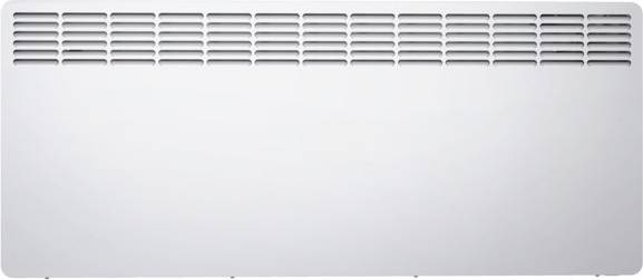 Ein elektrischer Heizkörper in rechteckiger Form mit Lüftungsschlitzen oben, vor weißem Hintergrund.