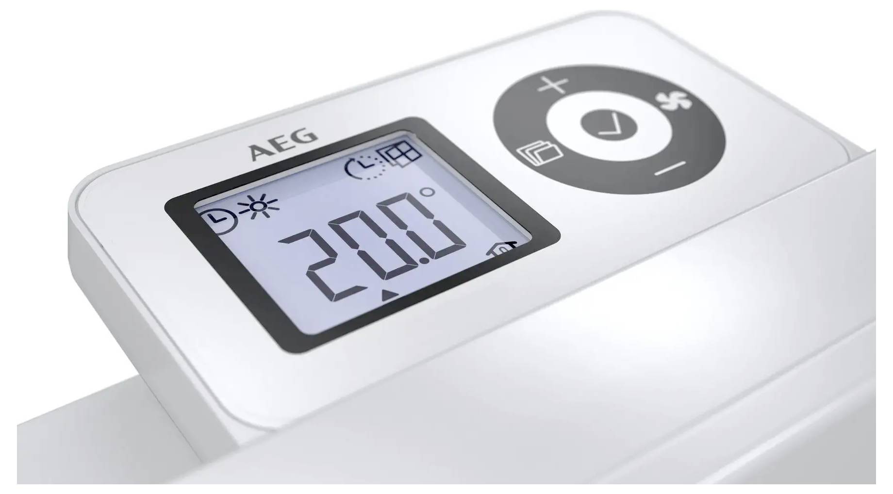 „Digitale Bedienfeldern mit Temperaturanzeige von 20°C mit Symbolen für Ventilator, Timer und Einstellungen. AEG-Logo auf dem Bildschirm sichtbar.