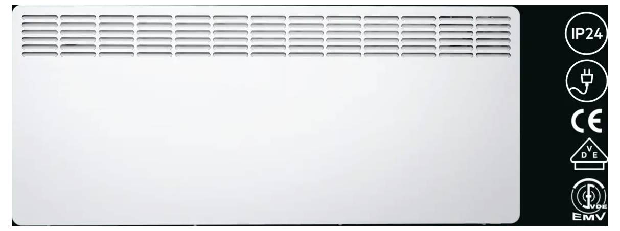 'Weißer elektrischer Konvektor-Heizkörper' mit Steuer- und Sicherheitskennzeichnungen auf der rechten Seite für IP24, elektrische Sicherheit und CE-Zertifizierung.