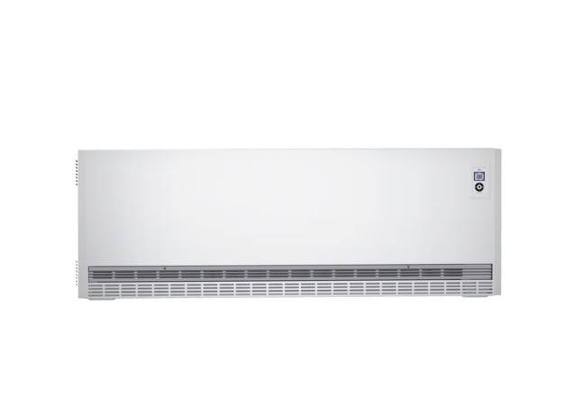 Ein weißer Heizkörper mit einem Lüftungsgitter unten und einem Steuerungsknopf oben rechts.