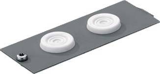 Graues rechteckiges Kunststoffteil mit zwei weißen, kreisförmigen Knöpfen und einer kleinen Schraube am Rand.